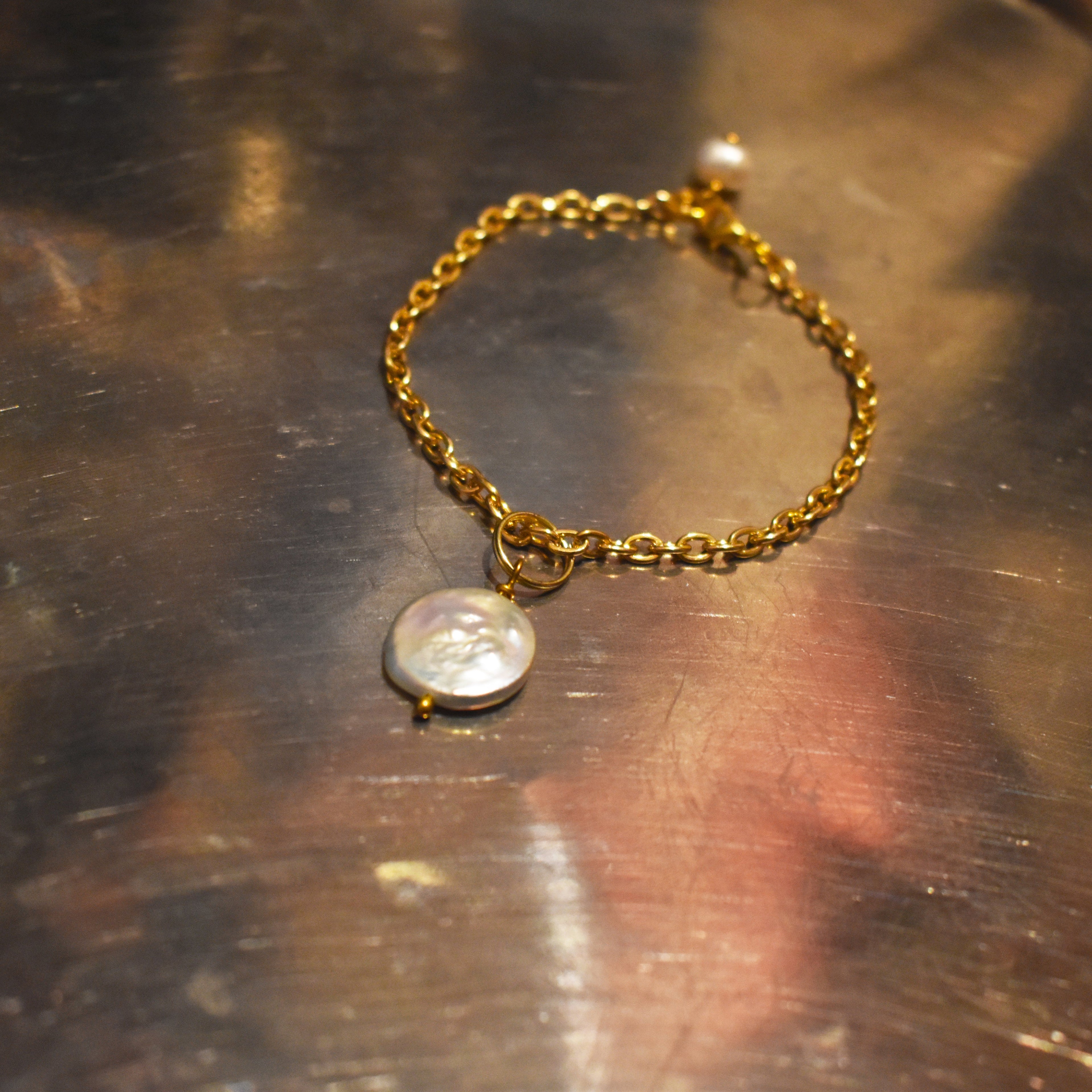 Pearl adjustable bracelet or anklet on gold plated chain | by Ifemi Jewels